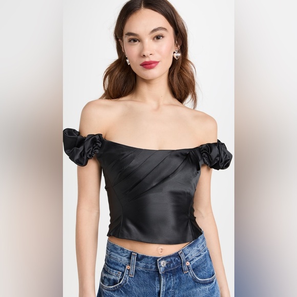 NWT LoveShackFancy black off the shoulder silk satin bustier top gold zip CHIC - Picture 1 of 7